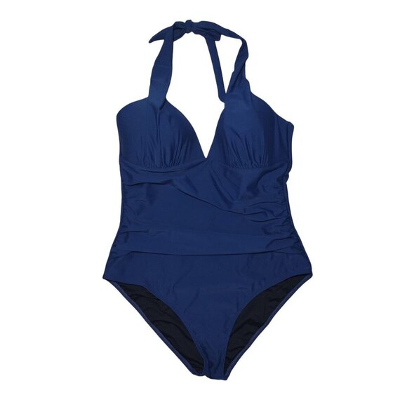 Cupshe Womens Halter One-Piece Swimsuit With Ruched Front XL Blue Nylon, Spandex - Picture 1 of 8